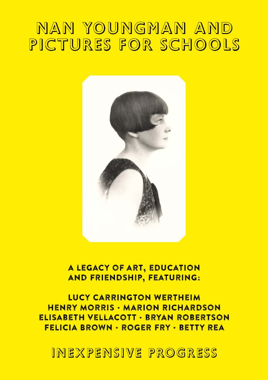 Front over of Nan Youngman Pictures for Schools, a bright yellow cover with a side profile portrait of Nan Youngman as a woman dressed in 1920 flapper attire with a short angled pixie haircut