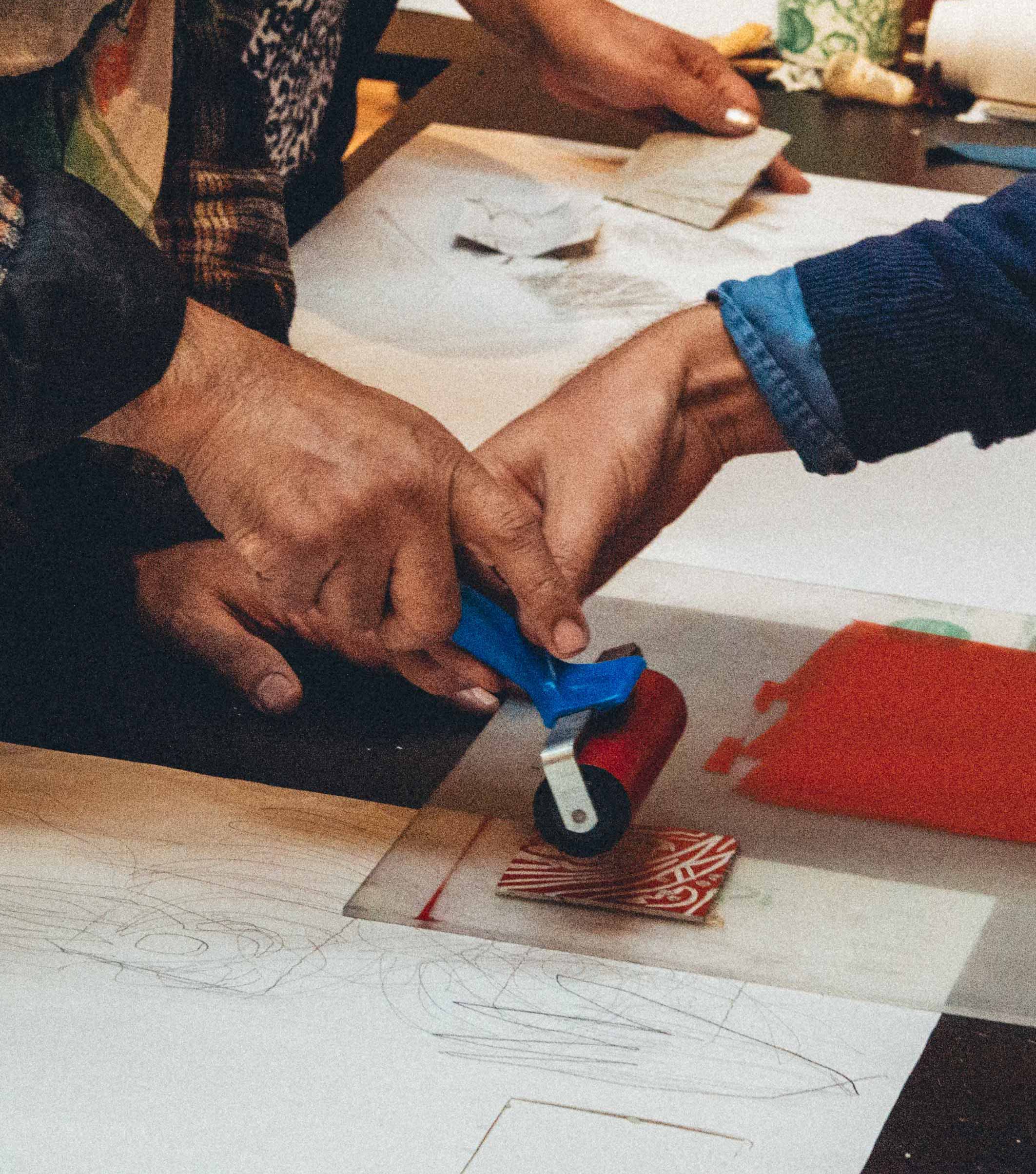 Nicholas Huges Workshop on block printing in warm grainy image