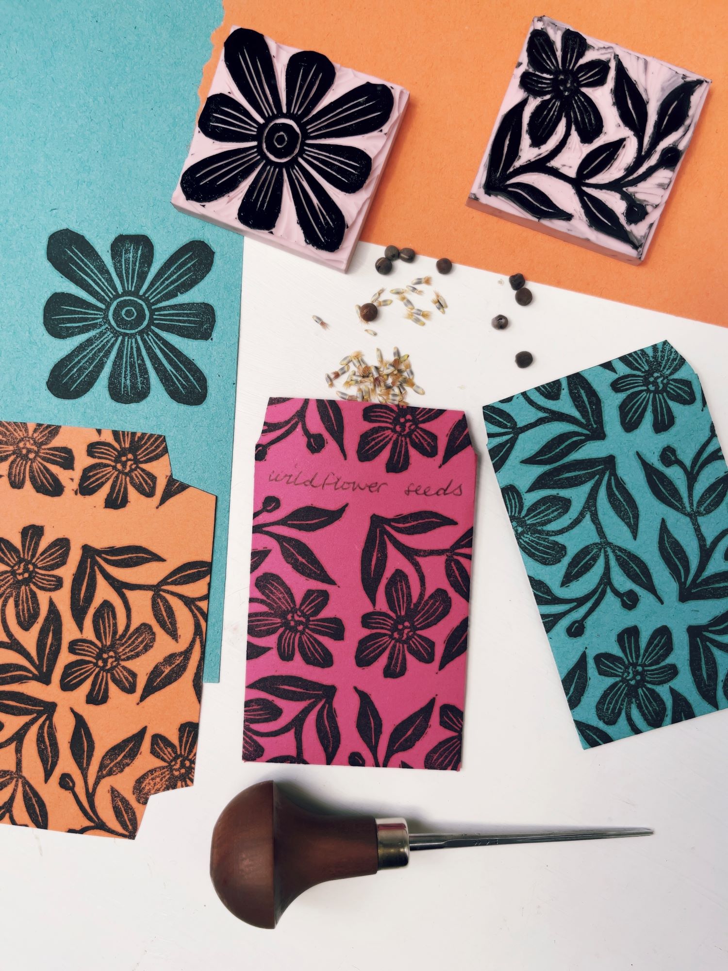 Nastasha Boyce Block Print seed packets workshop orange blue pink packets with flowers